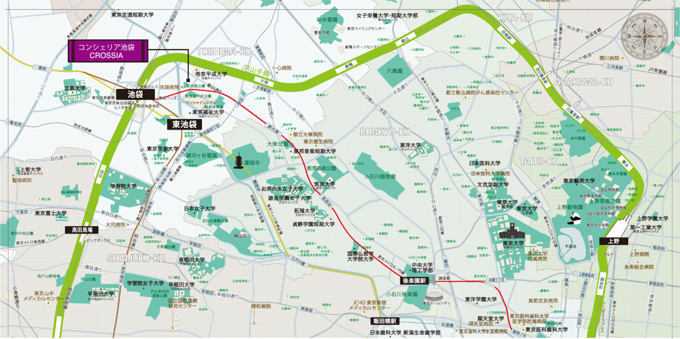 大学と病院の広域図